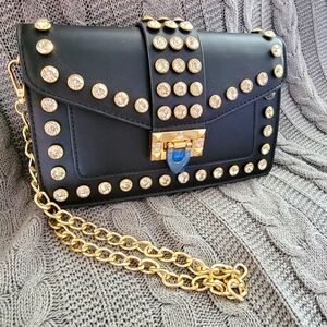 PEBBY FOREVEE BLACK PURSE CROSSBODY HANDBAG CLUTCH BLING RHINESTONE GOLD NWOT